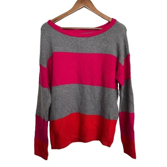 C&C California Womens NWT Gray Pink Striped Wool Blend Round Neck Sweater Large - Picture 1 of 7